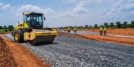 Construction equipment working on a road project